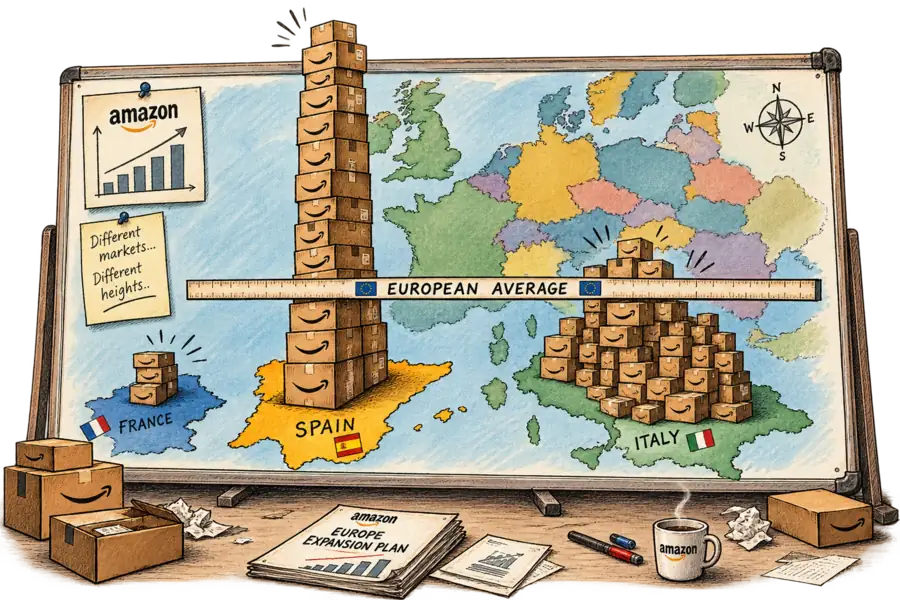 A whiteboard map of Europe on a trading floor, with parcels bearing the Amazon arrow stacked in wildly uneven heights over France, Spain and Italy, and one flat line labelled EUROPEAN AVERAGE ruled straight across all of them.