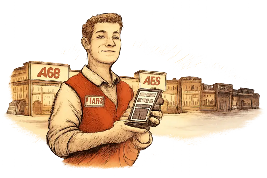 An Ace Hardware associate in a red vest holding a handheld device while looking down a long row of small storefronts, half lit and half dark.