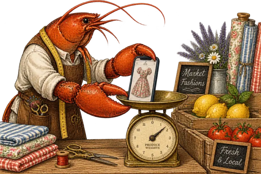 A lobster in a tailor's smock weighs a smartphone showing a rendered dress on a brass market scale.