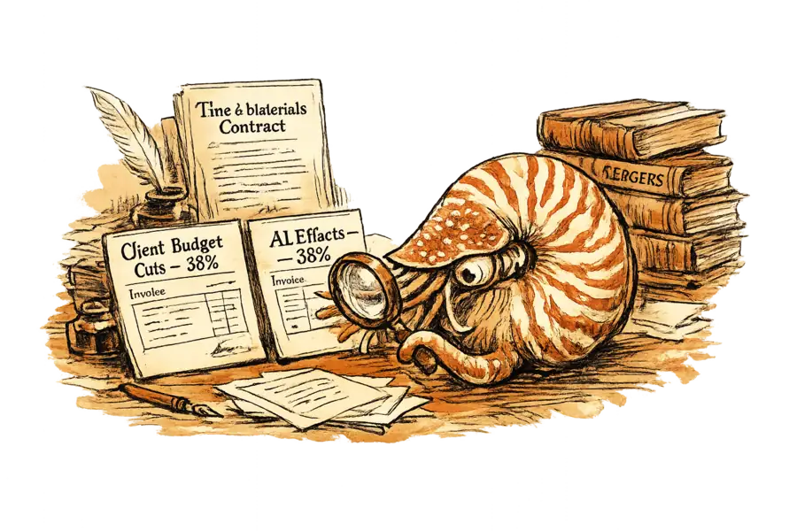 A nautilus shell inspects two identical invoices on a cluttered agency desk, one labeled Client Budget Cuts 38 percent, the other AI Effects 38 percent.