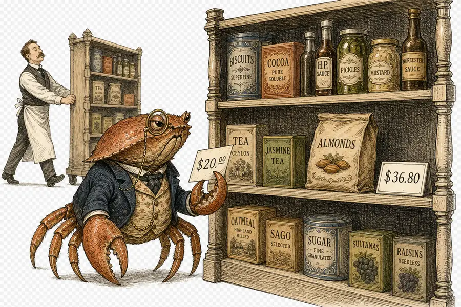 A waistcoated crab at a supermarket shelf, holding a remembered price card reading twenty dollars beside a shelf tag reading thirty-six eighty.