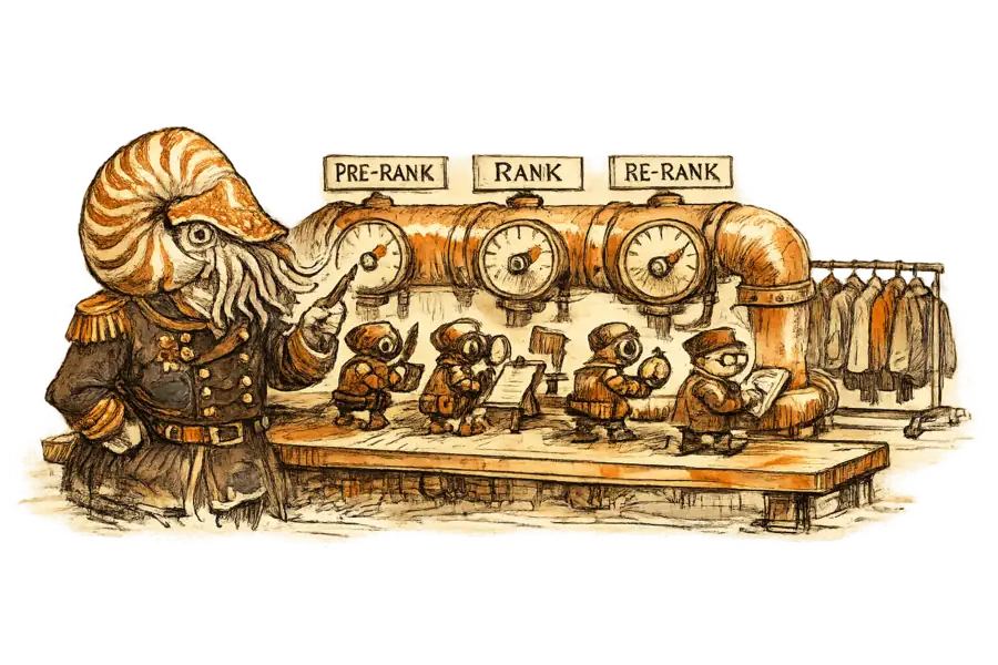 Admiral Neritus Vale watches five mechanical agents turning labelled dials on a three-stage pipeline that feeds into a clothing rack