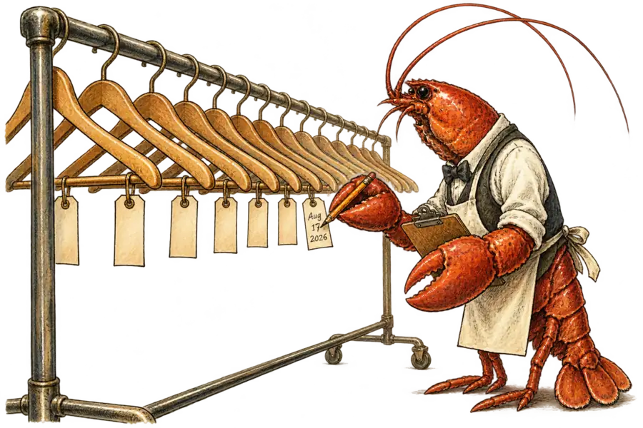 A lobster at a long rail of empty hangers in a stockroom, writing a date on a small card pinned beneath one of them.