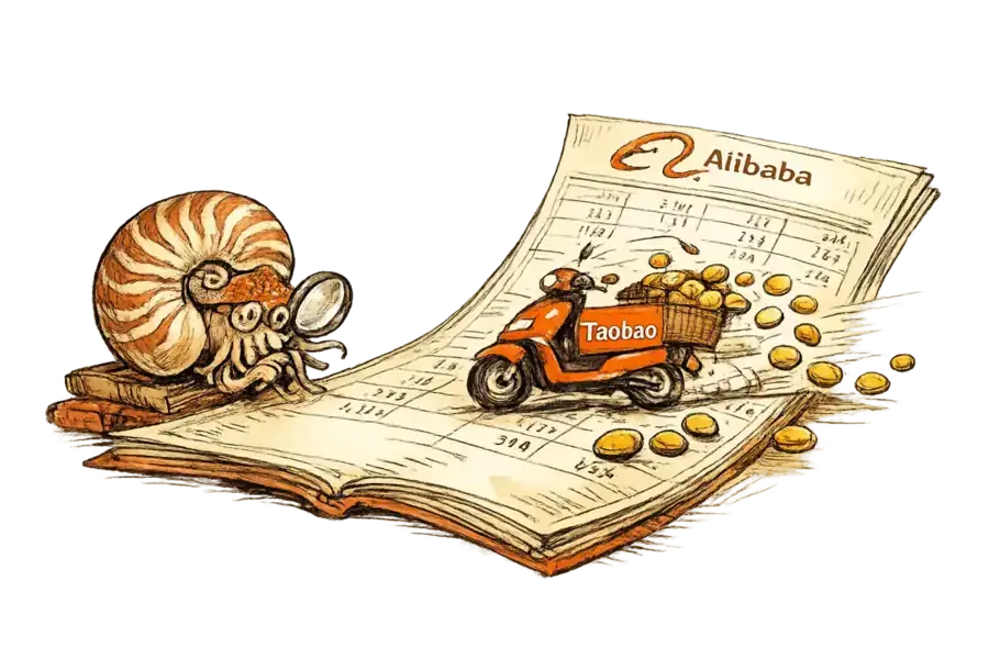 A nautilus examining a Taobao-branded delivery scooter trailing gold coins across a ledger page