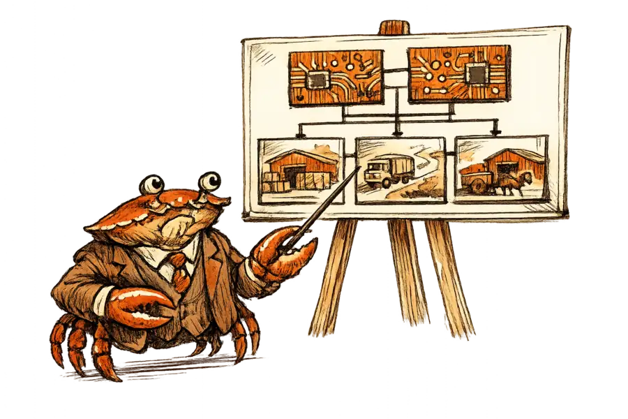 A crab in a Victorian waistcoat rearranging brass name plates on an Alibaba corporate hierarchy board, placing CLOUD and AI above COMMERCE
