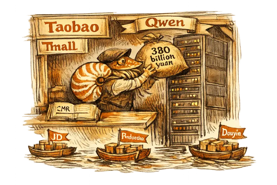 A nautilus shopkeeper inside a Taobao and Tmall stall lifts a 380-billion-yuan coin sack onto a Qwen-branded server rack while boats flagged JD, Pinduoduo and Douyin sail away with seller crates; a ledger on the counter shows the CMR column flattened to a thin line.