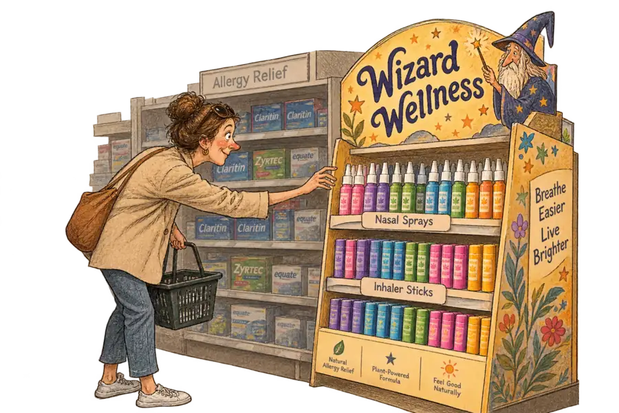 A drugstore endcap of brightly coloured Wizard Wellness nasal products standing in front of dimmer shelves of legacy allergy brands.
