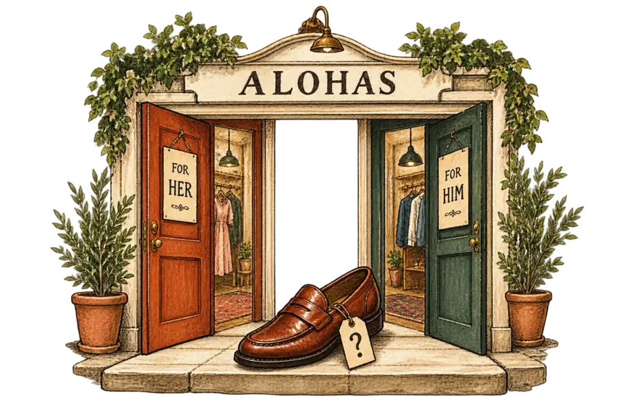 A single loafer on a shop threshold between two doorways lettered 'For Her' and 'For Him' beneath a hand-lettered Alohas sign, with a size tag marked with a question mark tied to it