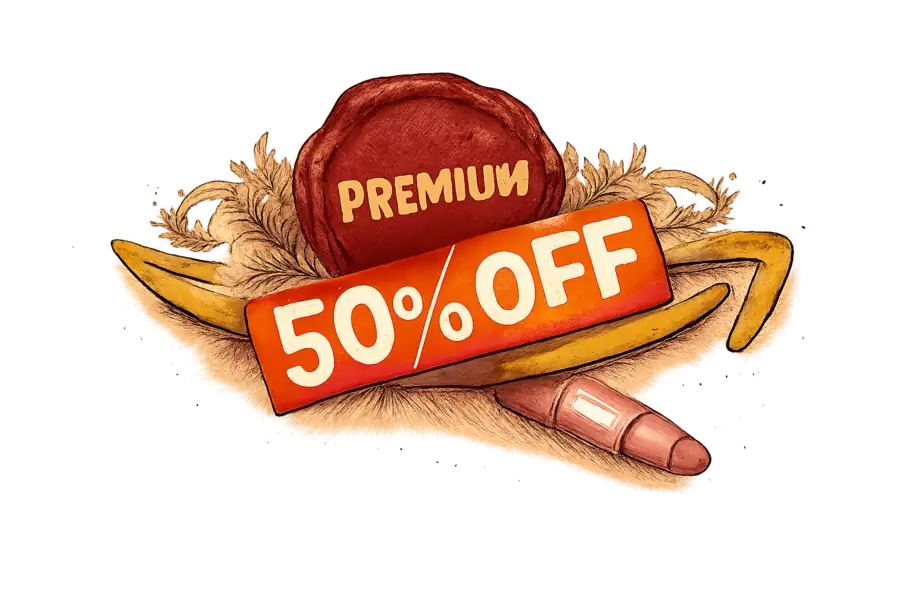 An ornate gold-foil Amazon arrow paired with a burgundy 'PREMIUM' wax seal, both slapped over by an oversized fluorescent red 50% OFF sticker.