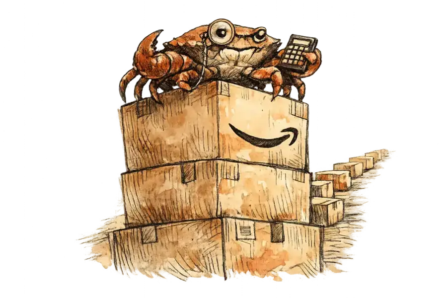 A crab wearing a monocle perched atop a towering Amazon delivery box, clutching a tiny calculator