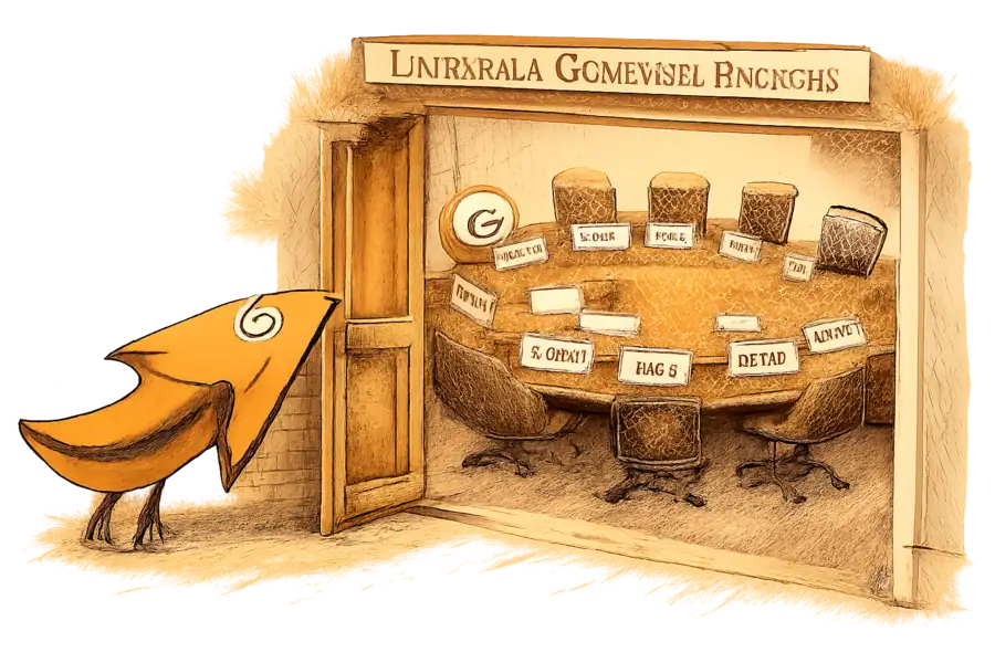 The Amazon smile-arrow crossing the threshold of a doorway labelled 'Universal Commerce Protocol' into a council room with the Google G at a round table