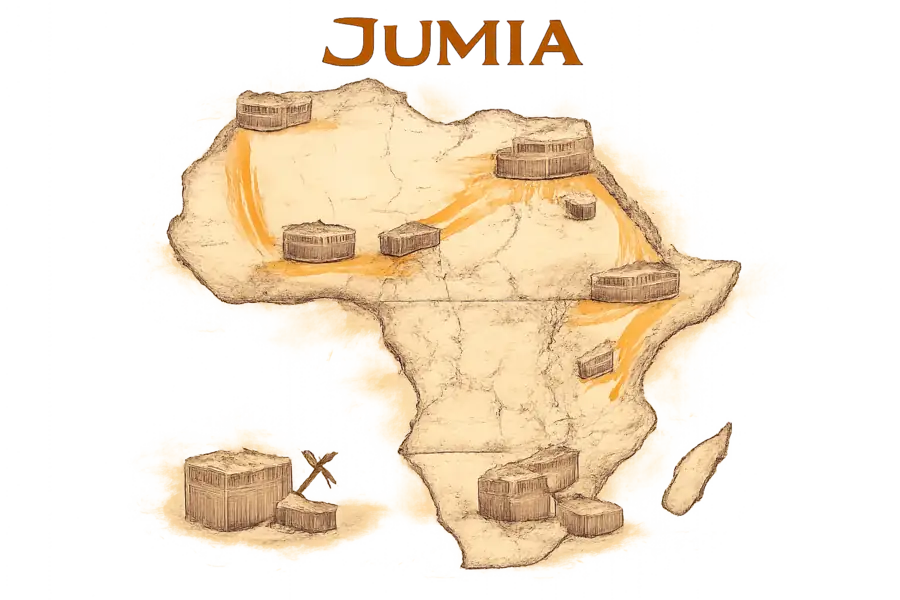 A map of Africa with most of the continent faded to pale outline, while bright orange delivery corridors light up between Nigeria, Egypt, Morocco and Kenya; South Africa and Tunisia sit dimmed and crossed out beside a closed Jumia parcel.