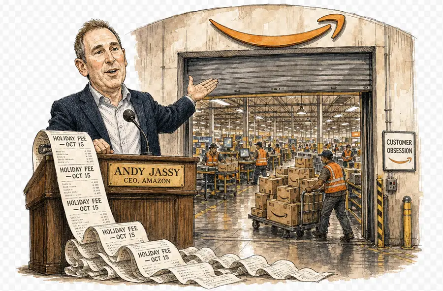 Andy Jassy an einem Rednerpult neben einer offenen Amazon-Lagertür, daneben ein aufgerolltes Rechnungsband mit dem Stempel 'HOLIDAY FEE'.