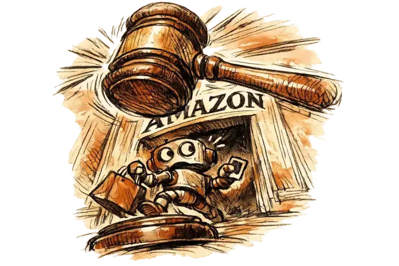 Judge Chesney's gavel comes down on a small robot that has been caught sneaking through a doorway marked AMAZON. The robot holds a shopping bag and a set of stolen login credentials. Close-up on the gavel impact, dramatic mood.