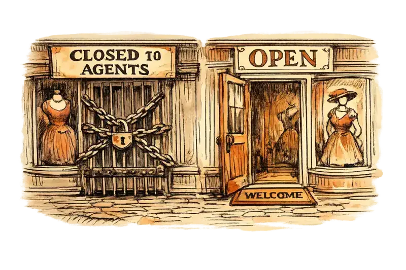 Two storefronts side by side. The left one has heavy iron bars across the entrance and a sign reading CLOSED TO AGENTS. The right one has its door wide open with a welcome mat reading UCP. A fashion mannequin stands in each window. Wide shot, matter-of-fact mood.