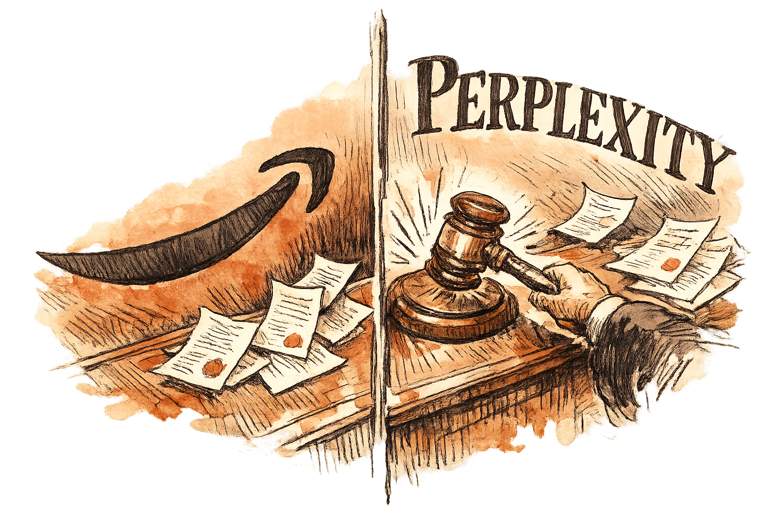 A courtroom sketch showing the Amazon smile logo on one side and Perplexity's name on the other, with a gavel between them