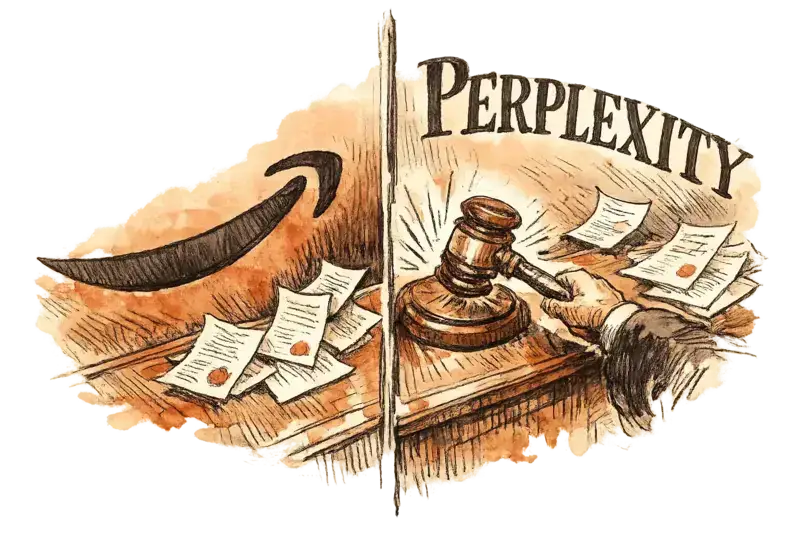 A courtroom sketch showing the Amazon smile logo on one side and Perplexity's name on the other, with a gavel between them