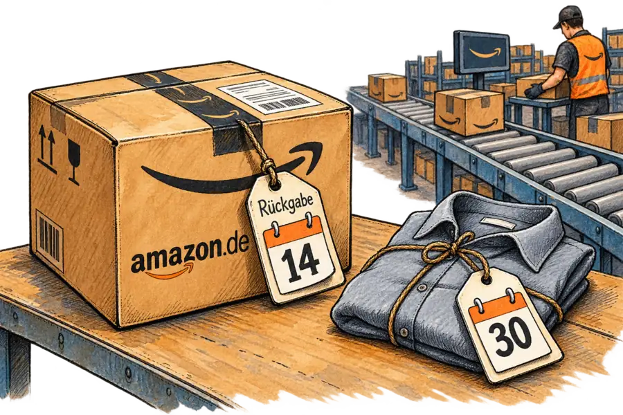 An Amazon parcel with two paper calendar tags reading 14 and 30, the 30-day tag tied to a folded shirt set apart on a warehouse bench.