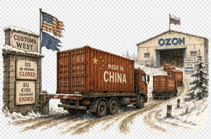 Cargo containers marked Made in China rolling east toward a Russian warehouse with the Ozon logo, past a shuttered Western customs gate posted with de minimis closure notices.