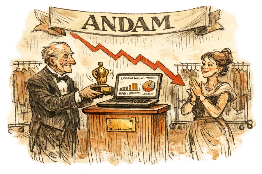 Un trophée de l'innovation mode de l'ANDAM remis à un ordinateur portable affichant un tableau de bord de prévision de la demande, sur fond de courbe de ventes en baisse et de portants à moitié vides.