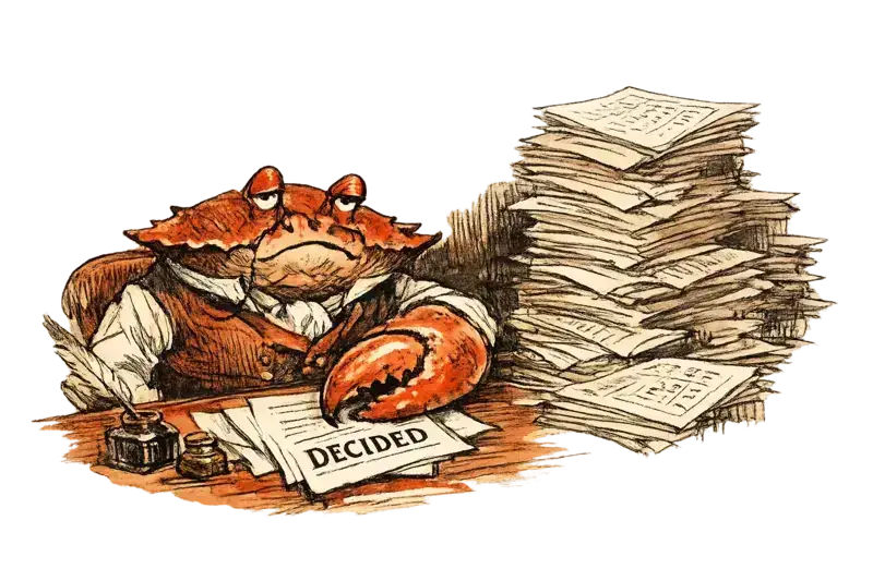 Sir John Crabstone at his editor's desk, one claw resting on a report stamped DECIDED, surrounded by merchant reports and social media printouts