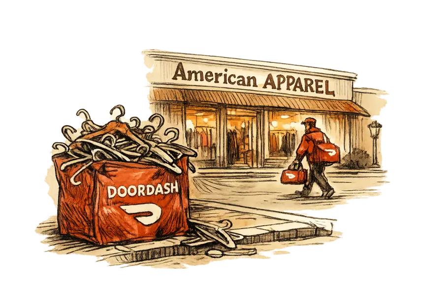 A DoorDash delivery bag overflowing with clothing hangers outside an apparel storefront, a Dasher walking toward it in the background.