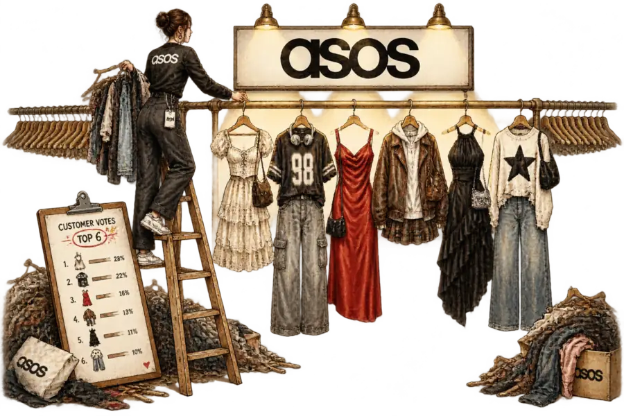 A shop assistant on a ladder strips a vast clothing rail beneath an ASOS sign, leaving six outfits lit alone