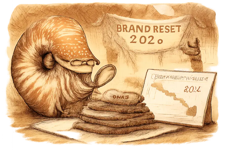 A nautilus shell auditing a shrinking pile of folded clothes in an ASOS warehouse while a Brand Reset banner is hoisted overhead