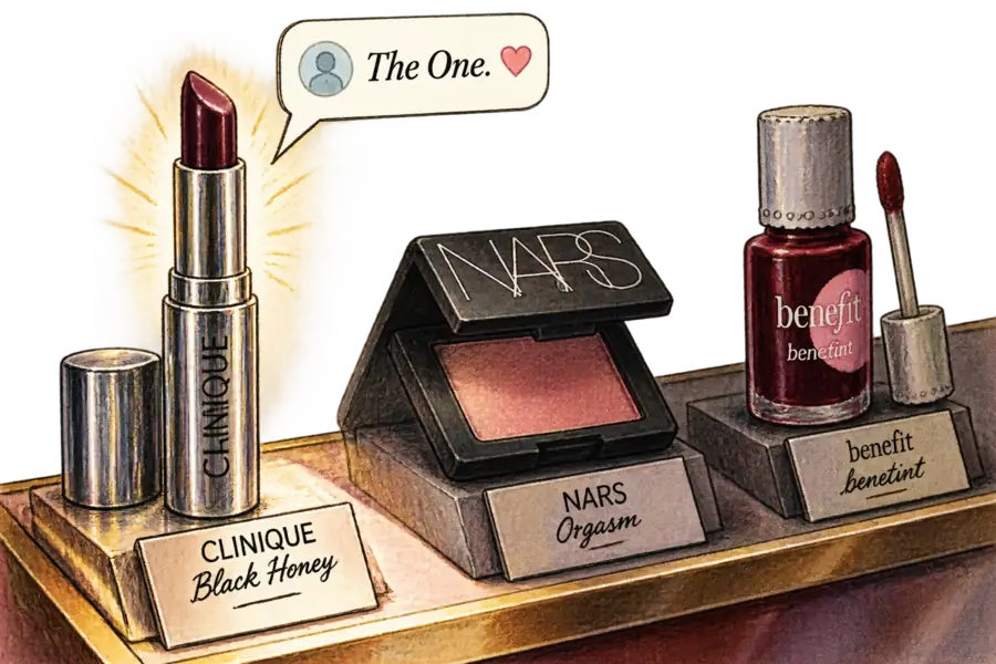 Three famous legacy beauty products on a shop counter, with a glowing chat window above naming only one of them.