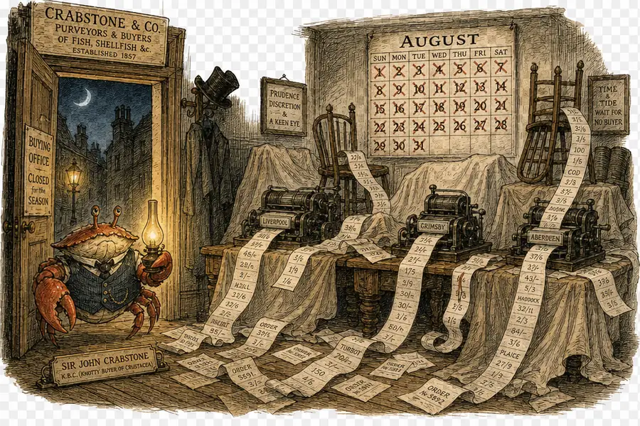 A crab in a Victorian waistcoat holds a lamp in the doorway of a shuttered buying office where ticker-tape machines keep spilling order slips across dust-sheeted desks beneath an August calendar.
