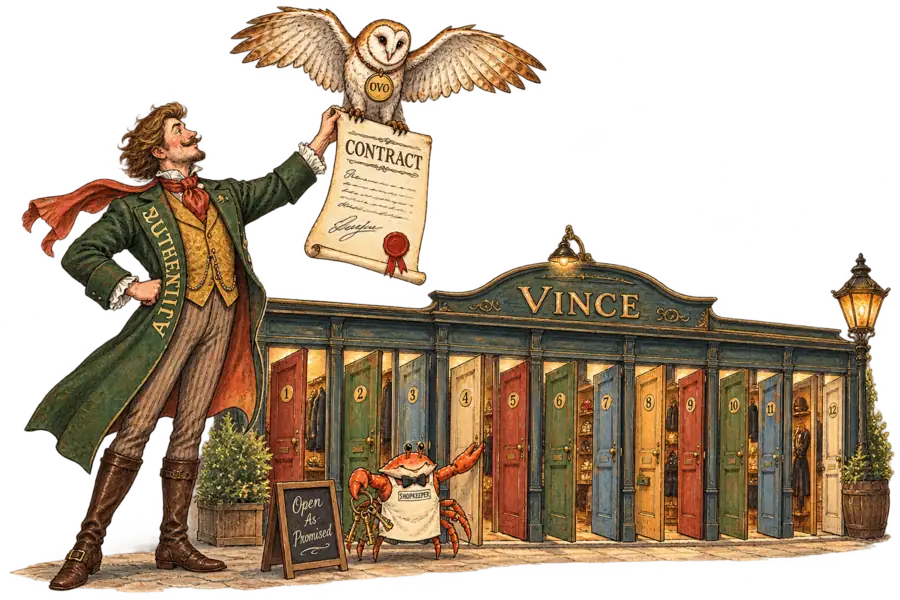 An OVO owl perched on a contract held up by a figure labelled Authentic, while a small crab labelled Vince holds open twelve shop doors below