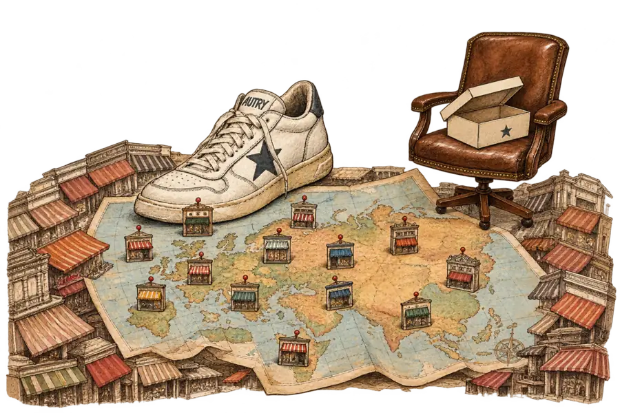 A vintage low-top sneaker with a large side star standing on a folded map of Europe and Asia, twelve small shopfronts pinned across it and an empty executive chair alongside