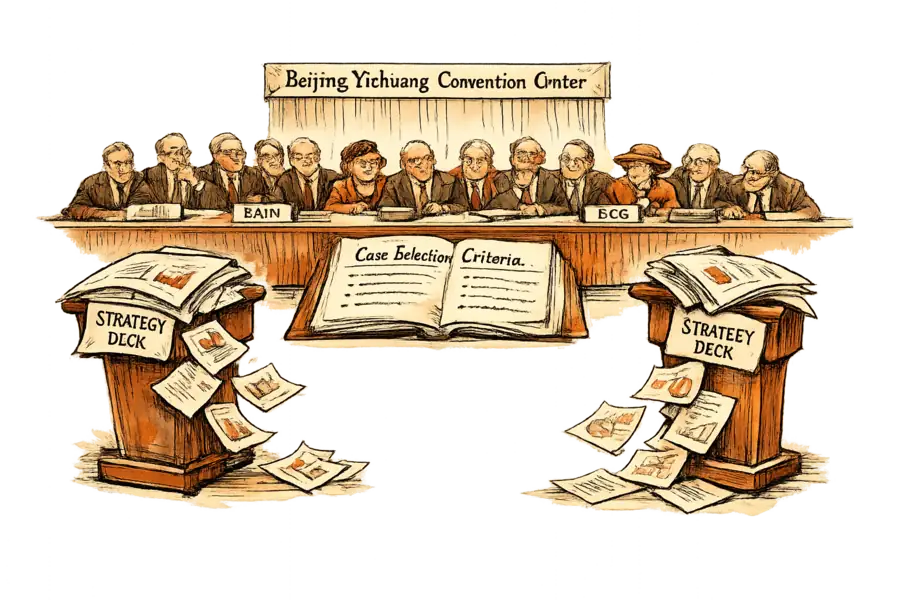 A long conference table at a Beijing Yizhuang convention center where fourteen judges sit behind name placards examining a case-selection framework, while consulting decks slump off lecterns in the foreground like depreciating banknotes.
