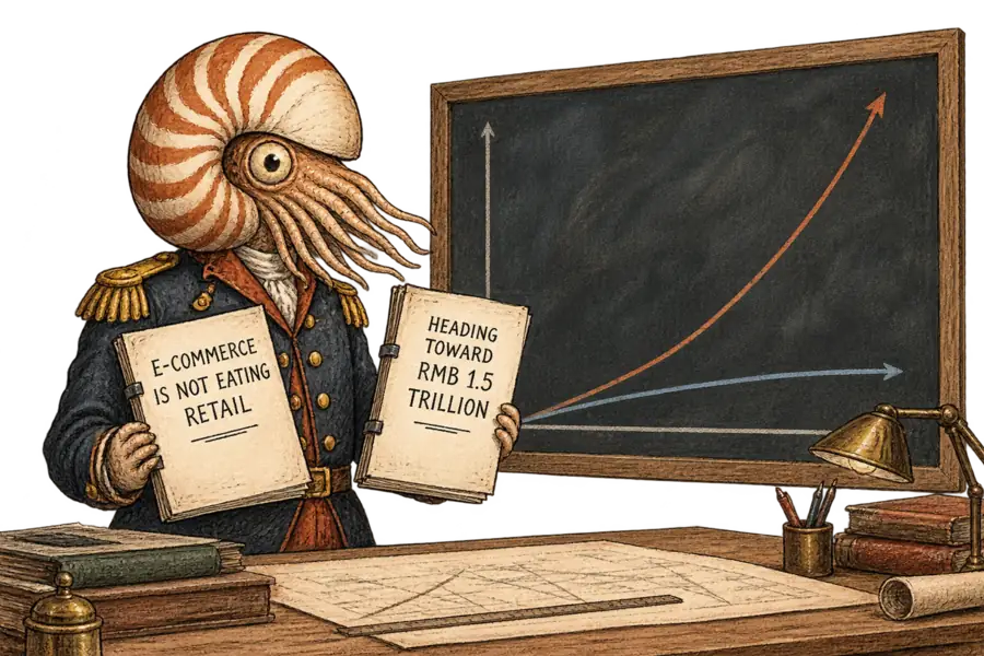 A nautilus in a military jacket holds two bound consulting reports side by side, one lettered 'E-COMMERCE IS NOT EATING RETAIL' and the other 'HEADING TOWARD RMB 1.5 TRILLION', while two sharply divergent curves are chalked on the wall behind.