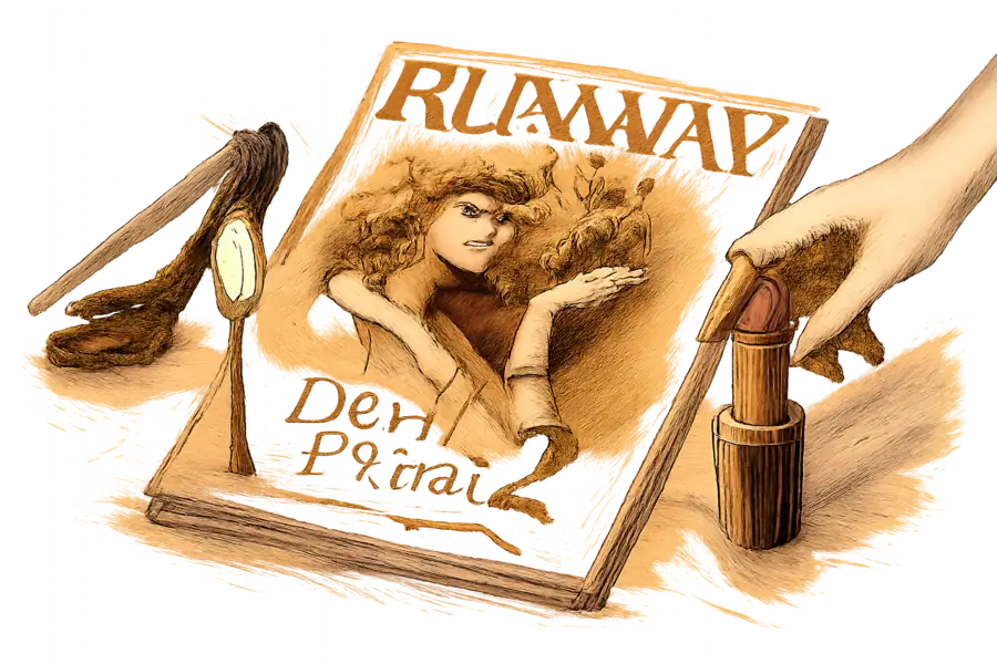 Editorial vanity scene with a fictional Runway magazine cover, a Tweezerman tweezer with a pitchfork-heeled stiletto handle, and a L'Oréal Paris Colour Riche lipstick