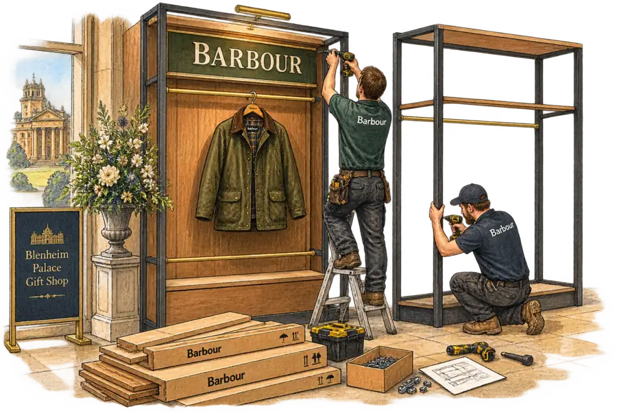 Two shopfitters assembling a modular display frame inside Blenheim Palace's shop, a Barbour waxed jacket hanging on the completed bay.