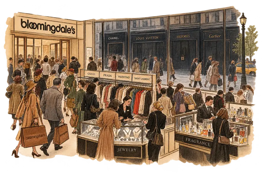 A crowded Bloomingdale's selling floor full of shoppers carrying brown bags, seen against a row of darkened single-brand boutiques through the window behind.