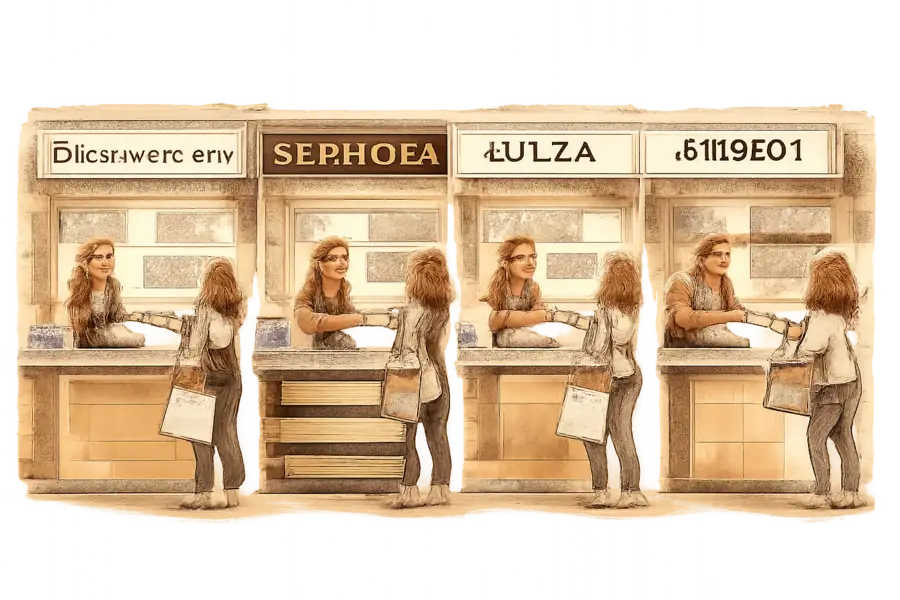 Four nearly identical beauty counters in a row, each handing a customer a card printed with the word CURATION.