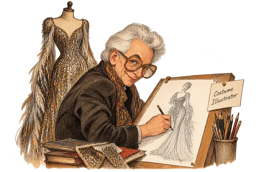 Caricature of Bob Mackie at a drafting table drawing a beaded gown, the finished dress towering behind him on a mannequin
