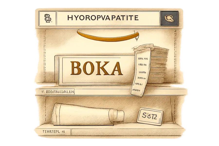 A Boka toothpaste box on an Amazon-style shelf beneath a search bar reading HYDROXYAPATITE, propped up by a stack of review slips, with a cheaper unbranded tube on the shelf below