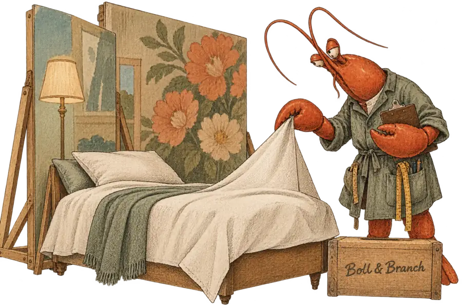 A lobster in a visual director's smock stands in a half-built bedroom set, holding a real sheet up to the light while the walls and flowers behind her are painted scenery flats
