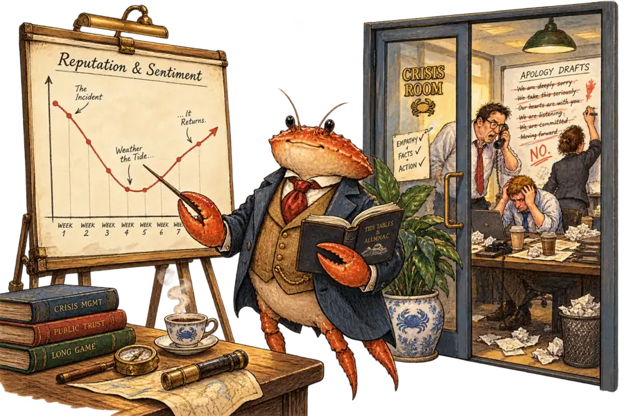 A crab in a waistcoat standing calmly before a wall chart of a dipping and recovering curve marked WEEK 1 to WEEK 7, while behind a glass door marked CRISIS ROOM a group frantically drafts a statement.