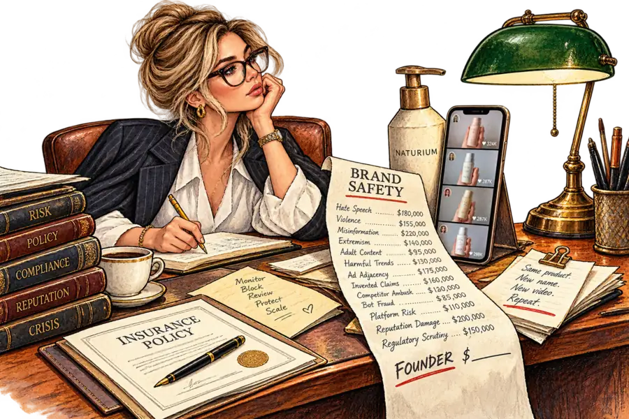 An underwriter's desk where a long brand-safety risk schedule has a premium pencilled beside every line except the last, hand-lettered FOUNDER, which is blank.