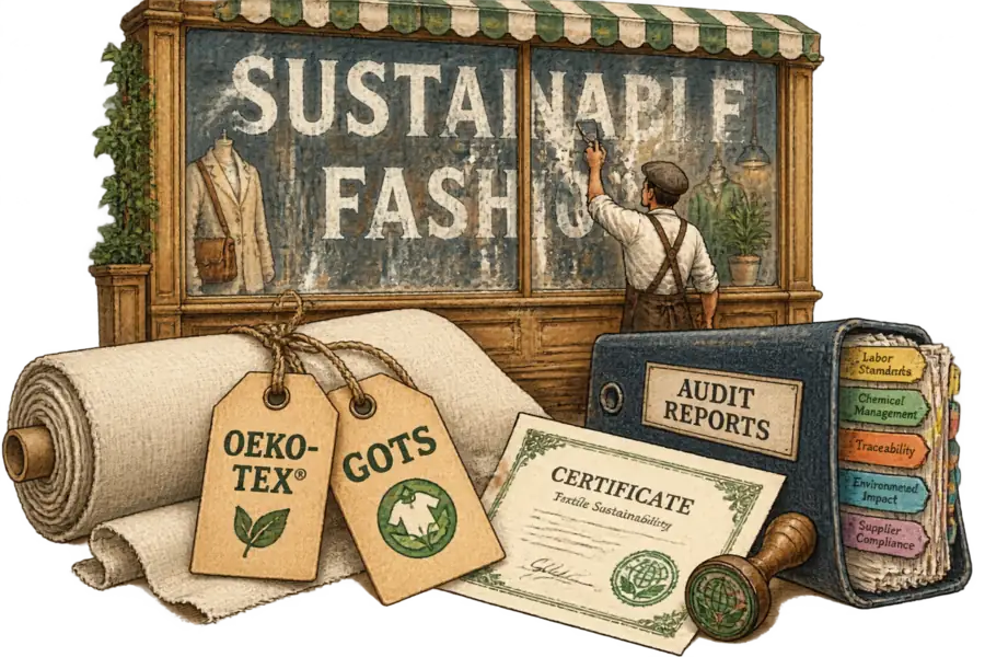 A shop window with its painted sustainability slogan scraped off, while below it a bolt of cloth carries hand-lettered OEKO-TEX and GOTS hangtags above a stamped certificate and a thick audit file.