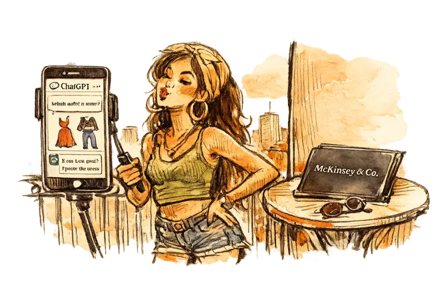 A São Paulo Gen Z shopper films herself asking ChatGPT to compare apparel while a closed McKinsey slide folder sits ignored behind her.
