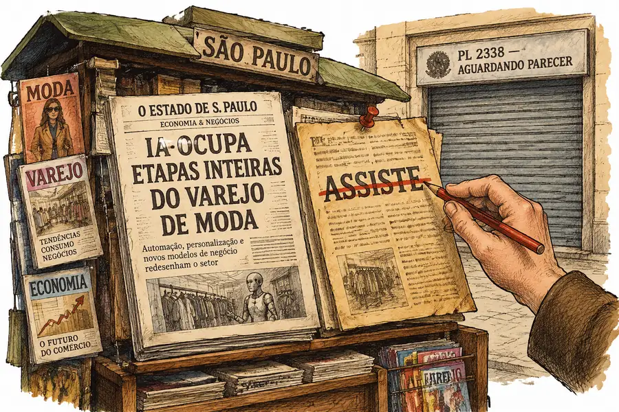A São Paulo newsstand of Portuguese-language retail trade papers, the front page reading 'IA OCUPA ETAPAS INTEIRAS DO VAREJO DE MODA', while a hand strikes the word 'ASSISTE' from an older page pinned beside it and a shuttered office behind displays a sign reading 'PL 2338 — AGUARDANDO PARECER'.