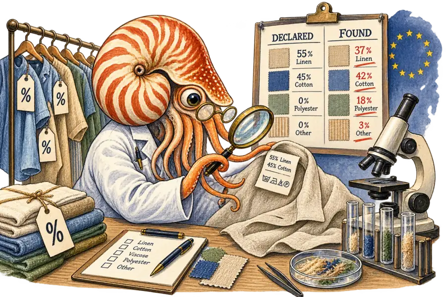 A nautilus in a laboratory coat inspecting the fibre content label inside a shirt at a testing bench, beside a wall chart comparing declared composition with measured composition.