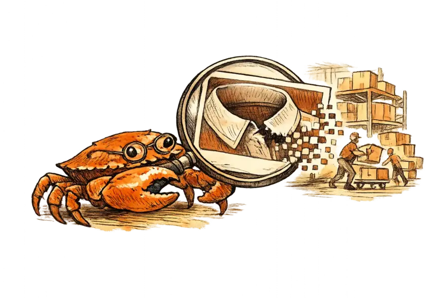 A crab examining a suspicious product photograph through a magnifying glass, with AI-generated cracks dissolving into pixels
