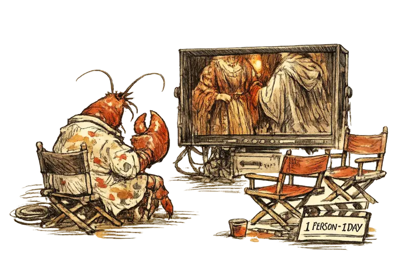 Parallax Pincer the lobster sits alone at a director's monitor showing elaborate period costume drama footage, surrounded by empty crew chairs and a single clapperboard
