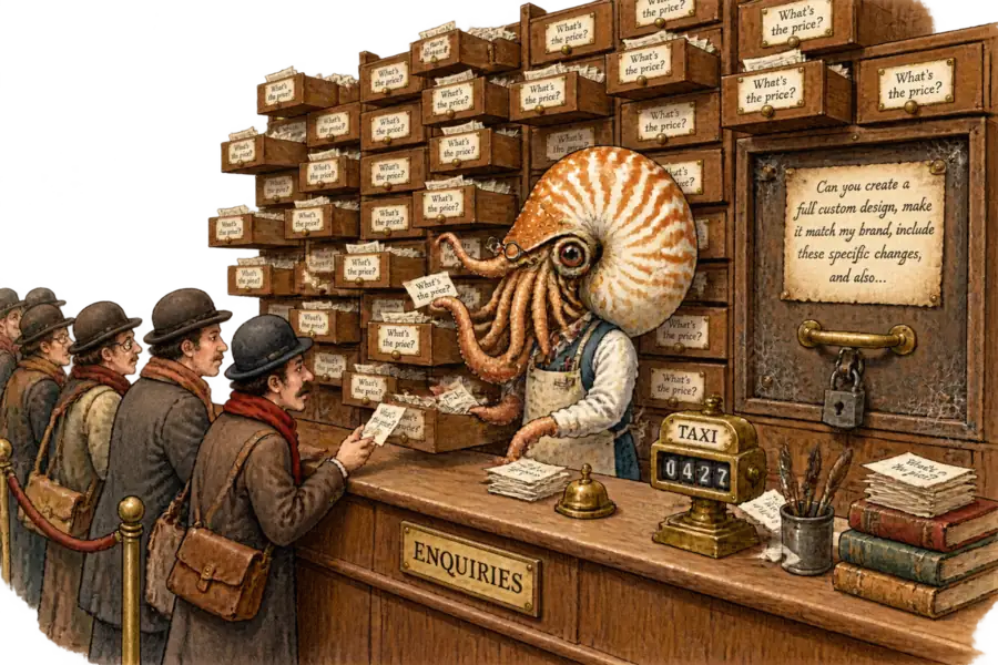 A nautilus shopkeeper at a counter of worn pigeonhole drawers labelled with one repeated question, beside a single jammed drawer holding a long handwritten request, with a taxi meter ticking